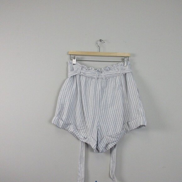 Abercrombie & Fitch Paperbag Shorts Women L White Blue Striped Linen Blend - Picture 2 of 11